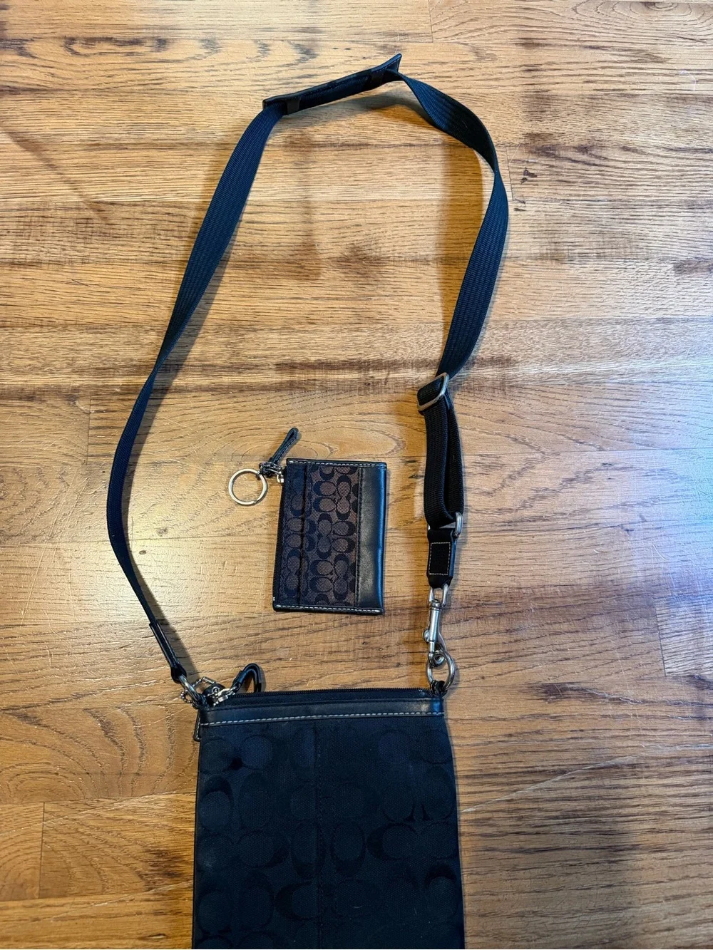 Coach Black Signature Crossbody Pouch with Leather Stripe